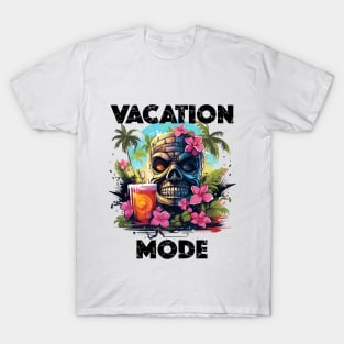 Tiki Statue Next To Beer - Vacation Mode (Black Lettering) T-Shirt